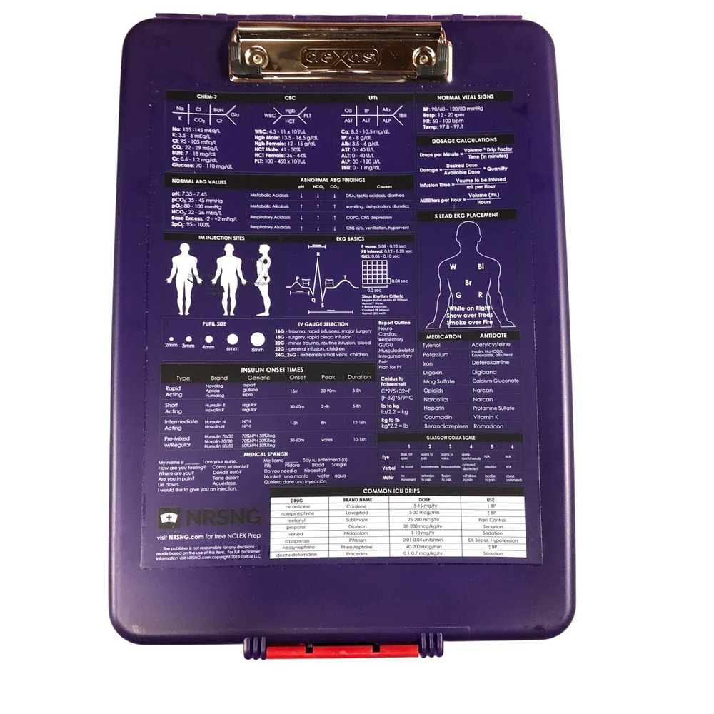 NRSNG NURSING CLIPBOARD‎ PURPLE MEDICAL REFERENCE CARD FOLDING